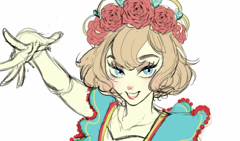 1girl animification blue_eyes brown_hair clarice_(disney) disney disneyland dress eyelashes flower hair_flower hair_ornament humanization looking_at_viewer mexican_clothes mexican_dress mickey_mouse_&amp;_friends open_mouth personification red_flower red_rose rl10_02 rose short_hair smile solo