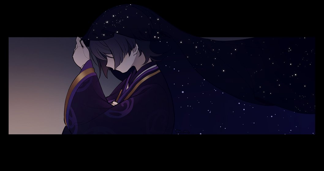 1boy alternate_costume black_hair blunt_ends carbuncly doll_joints genshin_impact gold_trim japanese_clothes joints kimono long_sleeves male_focus night night_sky obscured_eyes purple_kimono purple_trim scaramouche_(genshin_impact) scaramouche_(kabukimono)_(genshin_impact) sky solo star_(sky) veil white_sleeves white_trim
