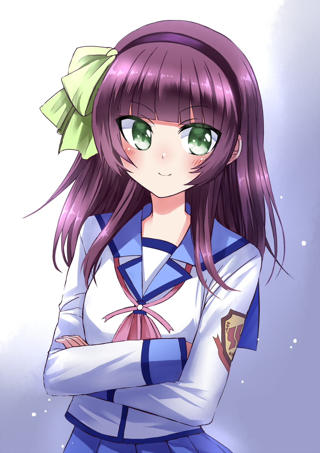 1girl angel_beats! blue_sailor_collar blue_skirt bow cowboy_shot crossed_arms female_focus green_eyes hair_bow hairband highres kaikai long_hair looking_at_viewer nakamura_yuri neck_ribbon pink_ribbon pleated_skirt purple_hair ribbon sailor_collar school_uniform serafuku shinda_sekai_sensen_uniform skirt smile solo