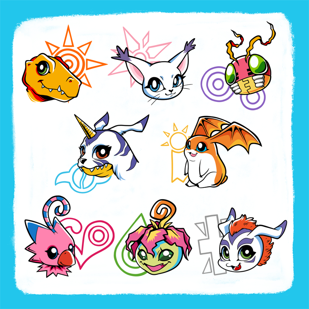 agumon bird bug cat digimon digimon_(creature) digimon_crest gabumon gomamon looking_at_viewer palmon patamon petals piyomon rancid_yogurt tailmon tentomon wings