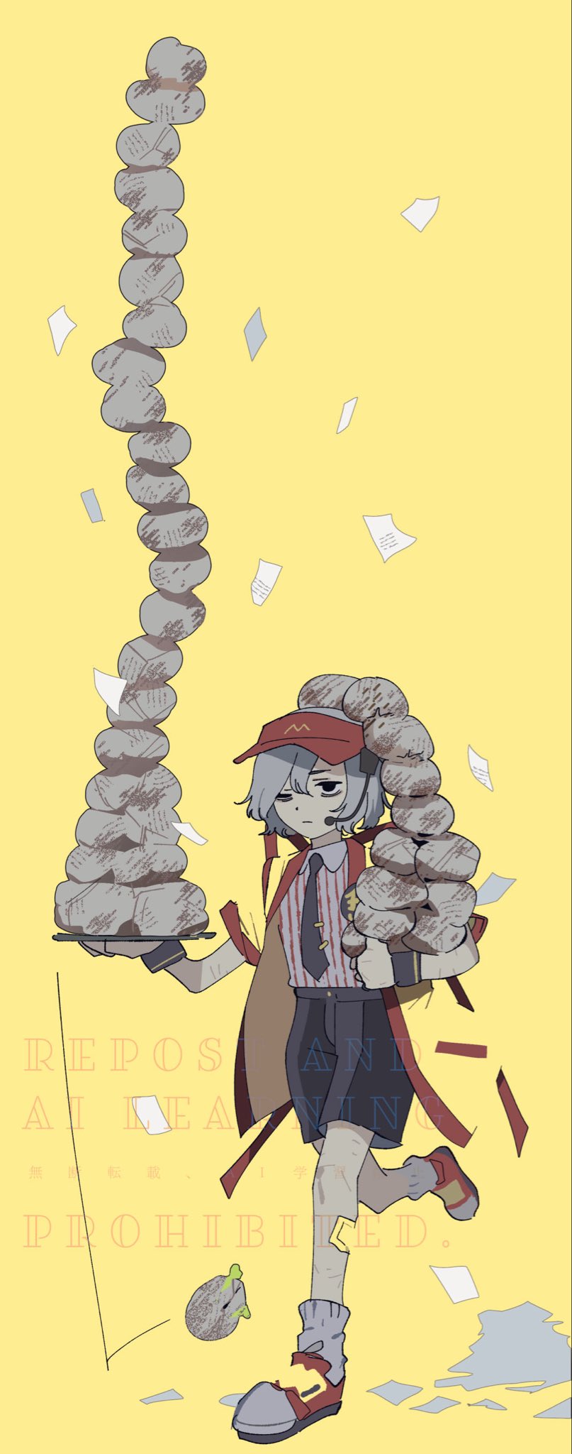 1boy black_eyes black_necktie black_shorts closed_mouth cosplay imadake_dabuchi_tabemi dungeon_meshi full_body gapamopa grey_hair hair_over_one_eye haori highres imadake_dabuchi_tabemi_(cosplay) japanese_clothes male_focus mcdonald&#039;s mithrun necktie red_visor shorts simple_background socks solo white_socks wrapped_burger yellow_background yellow_haori