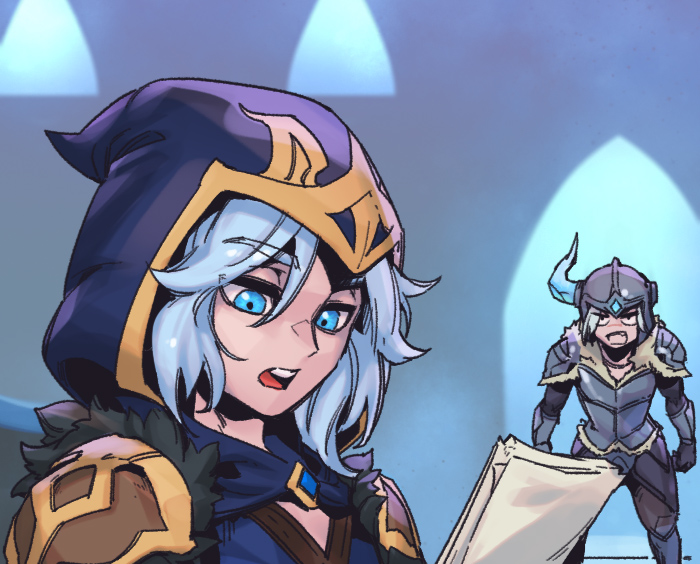 2boys armor ashe_(league_of_legends) black_gloves blue_cape blue_eyes cape fake_horns fang from_side genderswap genderswap_(ftm) gloves grey_hair hair_between_eyes helmet holding holding_paper hood hood_up hooded_cape horned_helmet horns league_of_legends medium_hair multiple_boys paper phantom_ix_row sejuani shoulder_plates single_horn