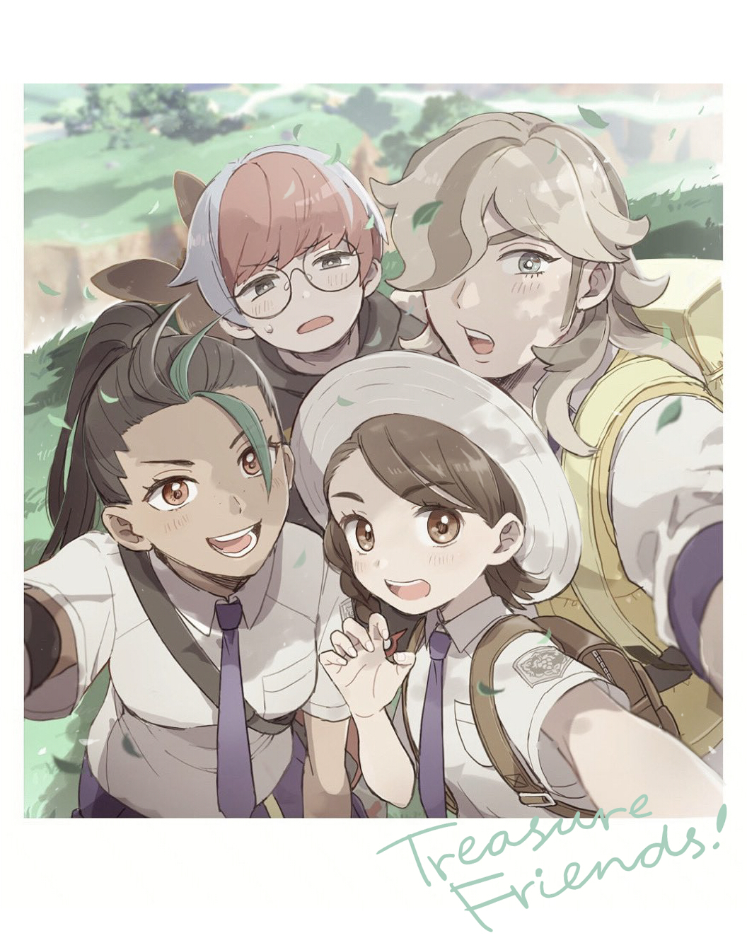 1boy 3girls 50yen_(gojiue) :d arven_(pokemon) backpack bag blush border breast_pocket claw_pose collared_shirt commentary_request day eyelashes falling_leaves glasses grass hand_up hat highres juliana_(pokemon) leaf logo looking_at_viewer multicolored_hair multiple_girls necktie nemona_(pokemon) nintendo open_mouth outdoors penny_(pokemon) pocket pokemon pokemon_sv ponytail round_eyewear school_uniform selfie shirt short_hair smile sweatdrop teeth two-tone_hair vest yellow_bag yellow_vest