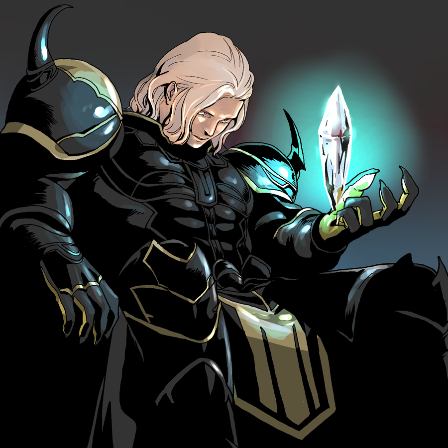 1boy 4100 armor black_armor cape crystal dim_lighting evil_smile final_fantasy final_fantasy_iv glowing_crystal golbez grey_background holding holding_crystal long_hair looking_ahead male_focus no_headwear red_eyes sitting smile solo white_hair