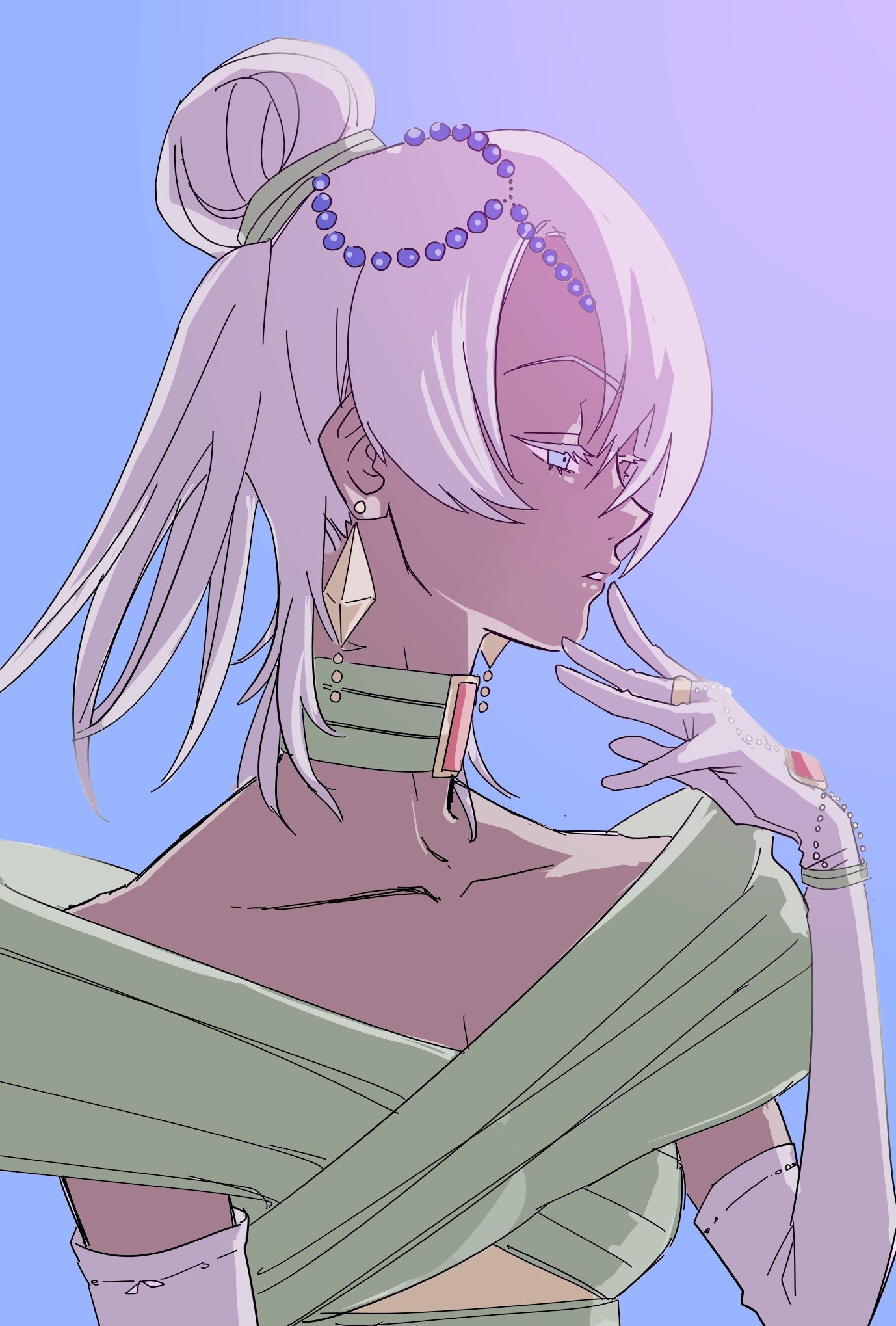 1boy blue_eyes choker commentary commentary_request crossdressing dark-skinned_male dark_skin dress earrings elbow_gloves gloves grey_hair gundam hair_over_one_eye highres jewelry laura_rolla long_hair loran_cehack male_focus sasakig simple_background solo trap turn_a_gundam upper_body white_gloves white_hair
