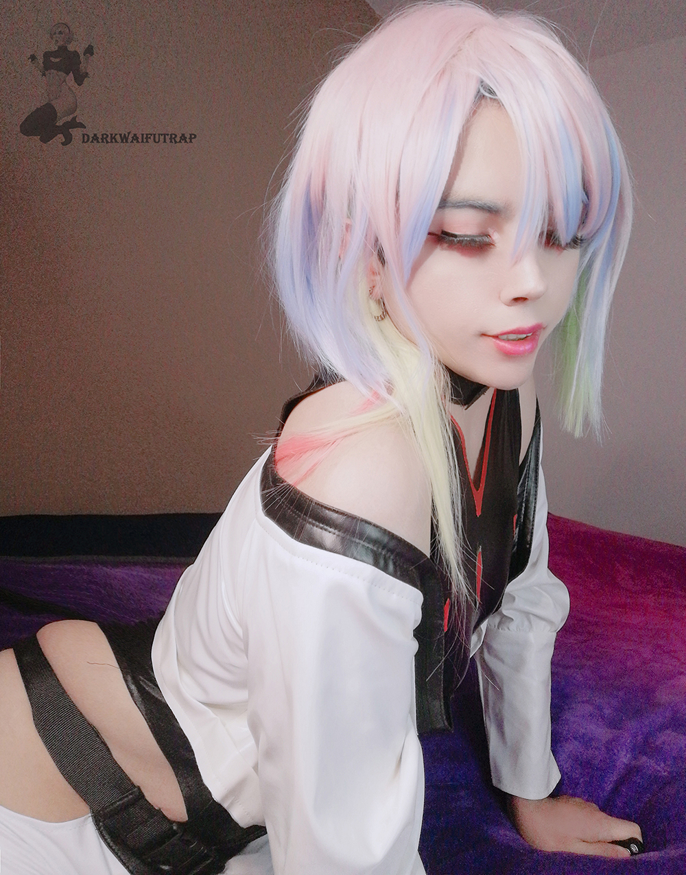 1boy androgynous arm_support ass bare_shoulders bed black_leotard cosplay cowboy_shot crossdressing crossdressing_(mtf) cyberpunk_(series) cyberpunk_edgerunners darkwaifutrap earrings hair_ribbon heattech_leotard highleg highleg_leotard highres jacket jewelry leotard lipstick long_hair long_sleeves lucy_(cyberpunk) lucy_(cyberpunk)_(cosplay) makeup multicolored_hair off-shoulder_jacket off_shoulder on_bed open_clothes open_jacket parted_bangs photo_(medium) purple_hair real_life ribbon short_shorts shorts skindentation sleeveless_turtleneck_leotard smile solo trap turtleneck very_long_hair watermark white_hair white_jacket white_shorts wide_hips