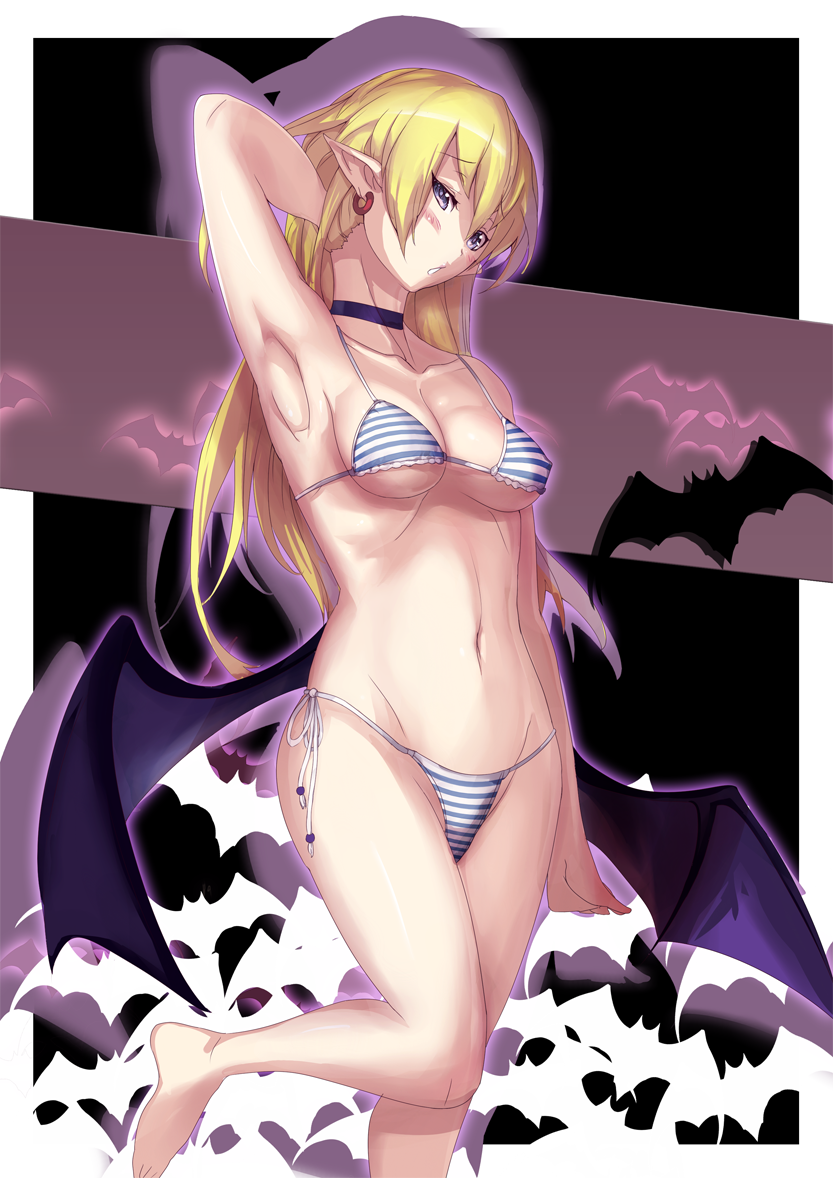 1girl arcana_heart bat_wings bikini blonde_hair blue_eyes ere_(2516325) examu female_focus lilica_felchenerow long_hair pointy_ears solo swimsuit twintails wings