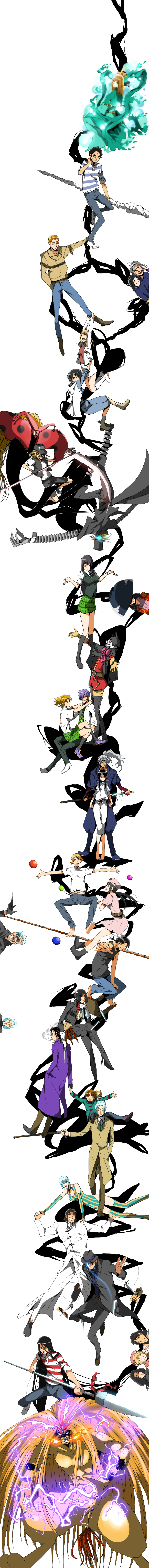 1990s_(style) 6+boys 6+girls absurdres akiba_nagare annotated aotsuki_shigure aotsuki_sumako aotsuki_ushio ashihana_eiryou ayawatari_rangiku bai_jin bai_yin ball black_hair blonde_hair blue_hair brown_hair coat creator_connection dual_persona durarara!! electricity engekibu faceless_(karakuri_circus) facial_hair francine_(karakuri_circus) gekko_iwasaki gekkou_jourei guy_christopher hachikatsugi-hime hat heart heart_hands highres hyou_(ushio_to_tora) ideya_perrault inasa_kirio inoue_mayuko japanese_clothes jie_mei karakuri_circus karakuri_no_kimi katou_narumi knife kudou_kaya kuin_(ushio_to_tora) kuro_hakubutsukan_springald leotard long_hair long_image lucille_verneuil manajiri_yasaburou mob_cap monster multiple_boys multiple_girls mustache nakamachi_hiroo nakamachi_noriyuki nakamura_asako nurse parody polearm ponytail puu_maru retro_artstyle saiga_masaru scar shirogane_(karakuri_circus) short_hair spear spring-heeled_jack tall_image taranda_liselotte_tachibana tora_(ushio_to_tora) trust_me_(durarara!!) ushio_to_tora vilma_thorn weapon white_hair
