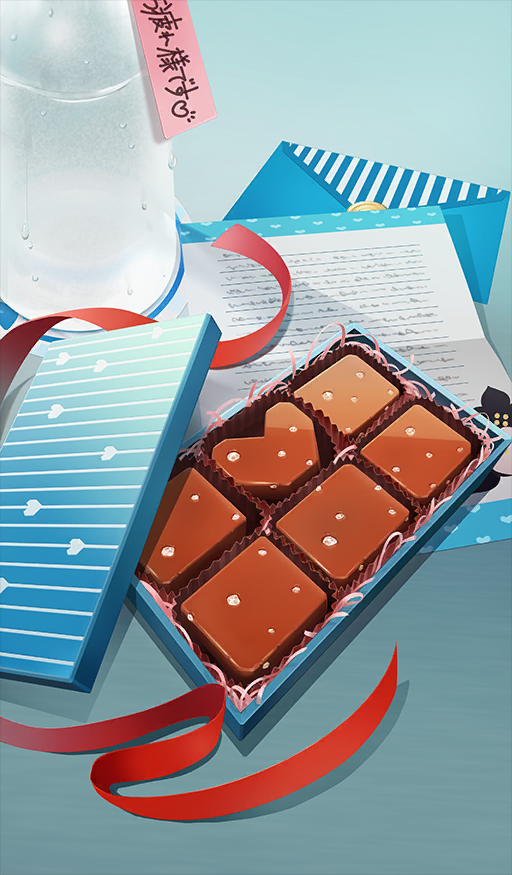 blue_background box box_of_chocolates chocolate chocolate_river_no_sono_saki_ni commentary_request condensation envelope fate/grand_order fate_(series) food food_focus heart in_box in_container letter lid no_humans official_art pluto11sco red_ribbon ribbon still_life third-party_source translation_request
