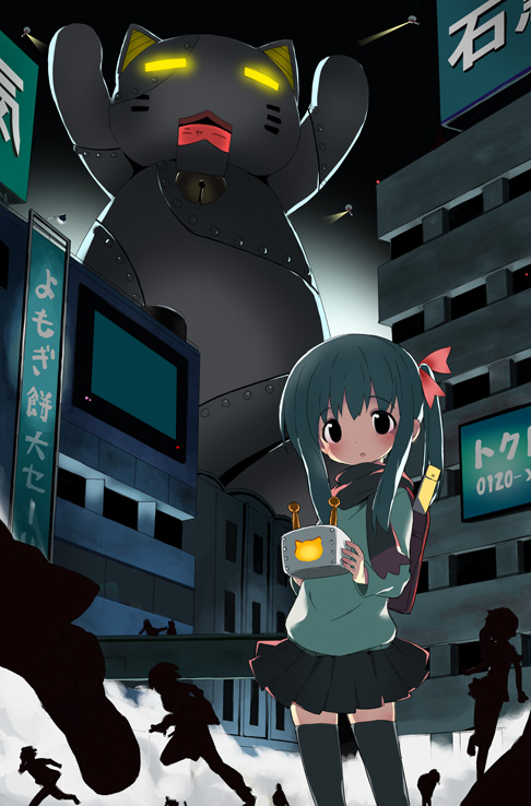1girl aikei_ake ake backpack bad_id bad_pixiv_id bag bell black_eyes black_hair building cat city controller hair_ribbon original ponytail randoseru remote_control ribbon robot scarf school_uniform skirt solo_focus thighhighs you_gonna_get_raped zettai_ryouiki