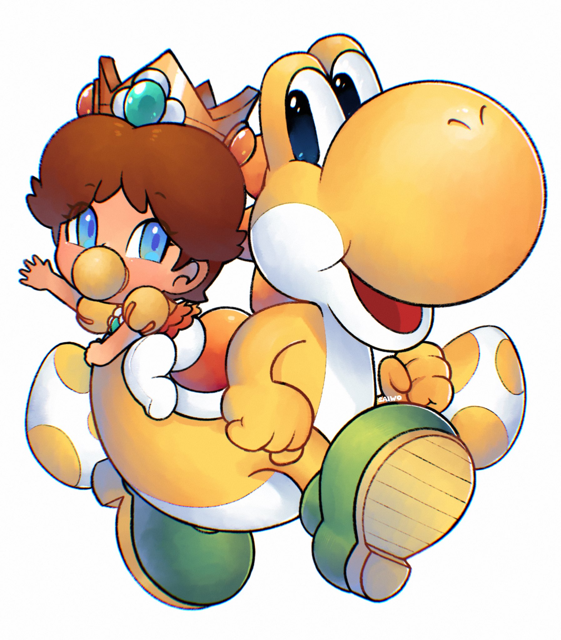 1girl baby_daisy blue_eyes boots brown_hair crown diaper dress highres looking_at_viewer mario_(series) nintendo open_mouth orange_dress pacifier pantyhose princess_daisy saiwoproject shell short_hair simple_background white_background white_pantyhose yellow_yoshi yoshi yoshi_egg