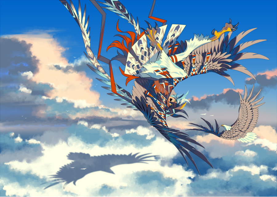1boy animal bird bird_tail bird_wings black_hair brown_wings cloud cloudy_sky dark-skinned_male dark_skin eagle edarow facepaint feathered_wings flying full_body grin harpy_boy head_wings headdress knee_up looking_at_animal male_focus monster_boy multicolored_hair open_mouth original personification shadow short_hair sky smile solo tail thunderbird_(mythology) two-tone_hair upside-down white_hair winged_arms wings yellow_eyes