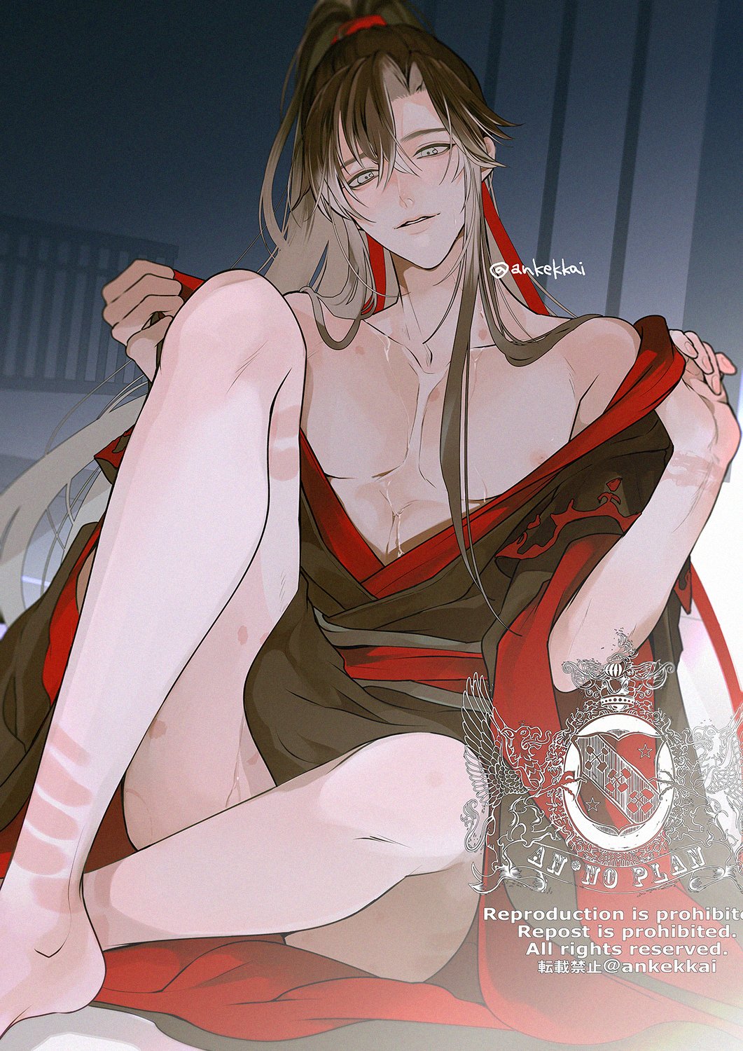 1boy ankekkai bare_legs bare_pectorals bare_shoulders barefoot bishounen black_hair black_hanfu blush brown_hair chinese_clothes collarbone cum cum_on_body cum_on_male english_text grey_eyes hair_ribbon hanfu head_tilt hickey high_ponytail highres implied_yaoi indoors knee_up long_hair looking_at_viewer male_focus modao_zushi off_shoulder open_clothes open_robe parted_lips partially_undressed pectorals ponytail red_ribbon red_sash ribbon robe rope_marks sash sidelocks sitting smile solo sweat toned toned_male twitter_username undressing very_long_hair watermark wei_wuxian wide_sleeves