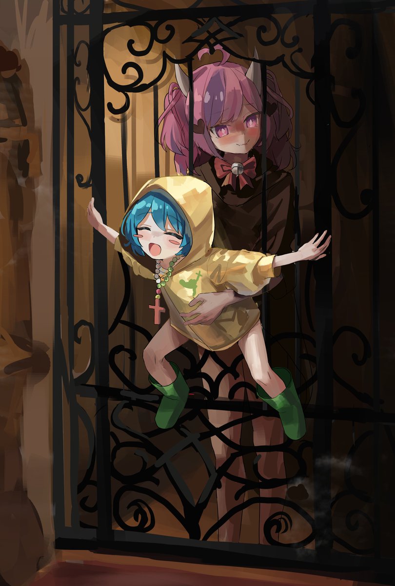 1futa 1girl age_difference ahoge bead_necklace beads black_jacket blue_hair blush bottomless bow closed_mouth coat cross cross_necklace fine_art_parody futa_with_female futanari green_footwear highres hood hood_up hooded_jacket hoodie horns implied_futanari implied_sex ironmouse jacket jewelry jubilee_2025 lifting_person loli luce_(jubilee_2025) matching_hair/eyes neck_ribbon necklace open_mouth parody pink_eyes pink_hair purple_hair raincoat red_bow red_ribbon ribbon sex sex_from_behind smile tongue torso_grab virtual_youtuber vshojo wellski yellow_coat yellow_hood yellow_hoodie yellow_jacket yellow_raincoat