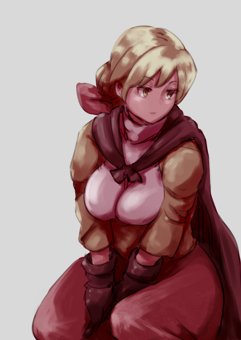1girl alma_beoulve between_legs blonde_hair bow breasts brown_eyes cape closed_mouth dress final_fantasy final_fantasy_tactics gloves hair_bow hand_between_legs hanemikakko long_hair simple_background skirt solo white_background