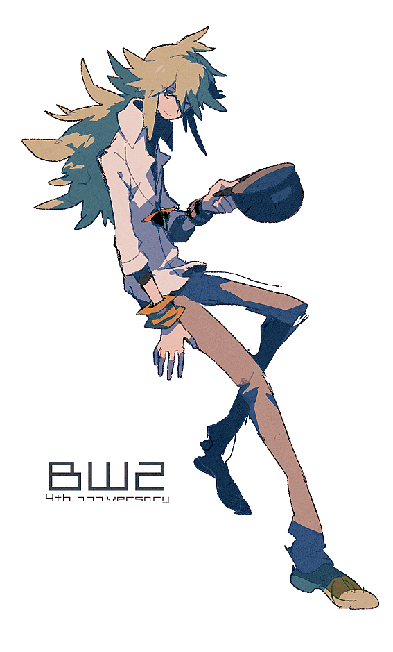 1boy anniversary baseball_cap black_hat bracelet brown_pants closed_mouth crossed_bangs domu_(hamadura) english_text full_body green_eyes green_hair hair_between_eyes hat holding holding_unworn_clothes holding_unworn_hat jewelry long_hair long_sleeves looking_at_viewer male_focus n_(pokemon) necklace nintendo pants pokemon pokemon_bw2 ponytail popped_collar shirt simple_background smile solo unworn_hat unworn_headwear white_background white_shirt wing_collar
