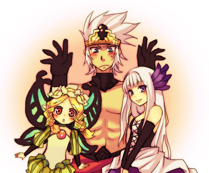 1boy 2girls blonde_hair blush braid crown gloves gwendolyn_(odin_sphere) head_wreath long_hair lowres mercedes_(odin_sphere) multiple_girls non-web_source odin_sphere onyx onyx_(odin_sphere) puff_and_slash_sleeves puffy_shorts puffy_sleeves shorts strapless topless_female tsuyuka_(sunny_spot) twin_braids white_hair
