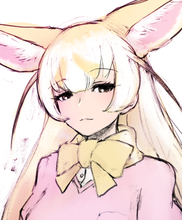 1girl alternate_hair_length alternate_hairstyle animal_ear_fluff animal_ears black_eyes blonde_hair bow bowtie closed_mouth extra_ears fennec_(kemono_friends) ise_(0425) kemono_friends long_hair looking_at_viewer shirt simple_background solo straight_hair upper_body white_shirt yellow_bow yellow_bowtie