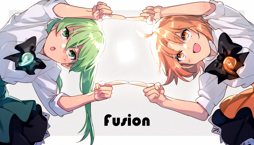 2girls ahnenerbe_shop_uniform ahoge apron black_skirt blush breasts dragon_ball dragonball_z echo_(circa) fate/grand_order fate_(series) fusion_dance green_apron green_eyes green_hair hibino_hibiki katsuragi_chikagi leaning_to_the_side long_hair magatama medium_breasts multiple_girls open_mouth orange_apron orange_eyes orange_hair shirt short_hair skirt smile twintails white_shirt