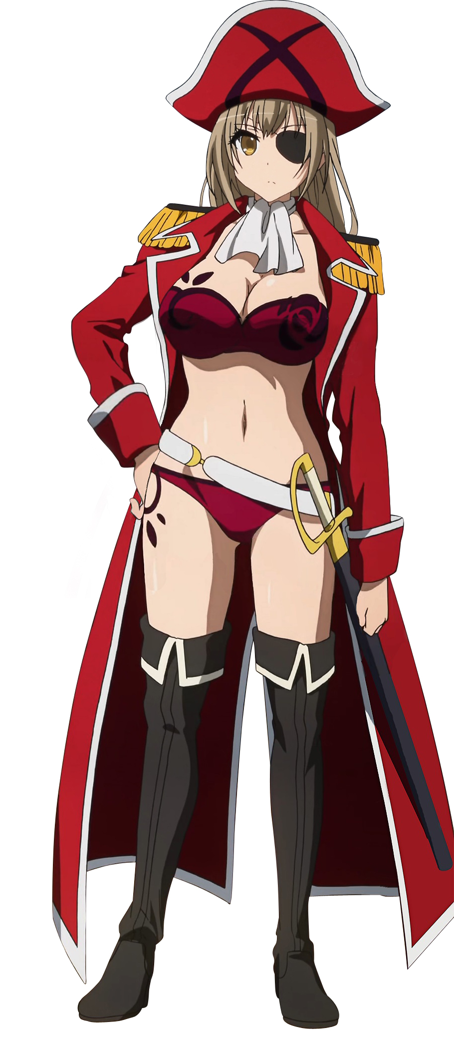 10s 1girl amagi_brilliant_park belt bikini boots breasts brown_eyes brown_hair cleavage eyepatch female_focus full_body hat highres jacket kakuma_ai large_breasts leather leather_boots legs long_hair long_sleeves looking_at_viewer molly_searcy navel official_art open_clothes open_jacket pirate pirate_hat red_bikini red_jacket screencap sento_isuzu shiny_skin simple_background solo standing swimsuit sword thigh_boots thighhighs thighs voice_actor_connection weapon white_background