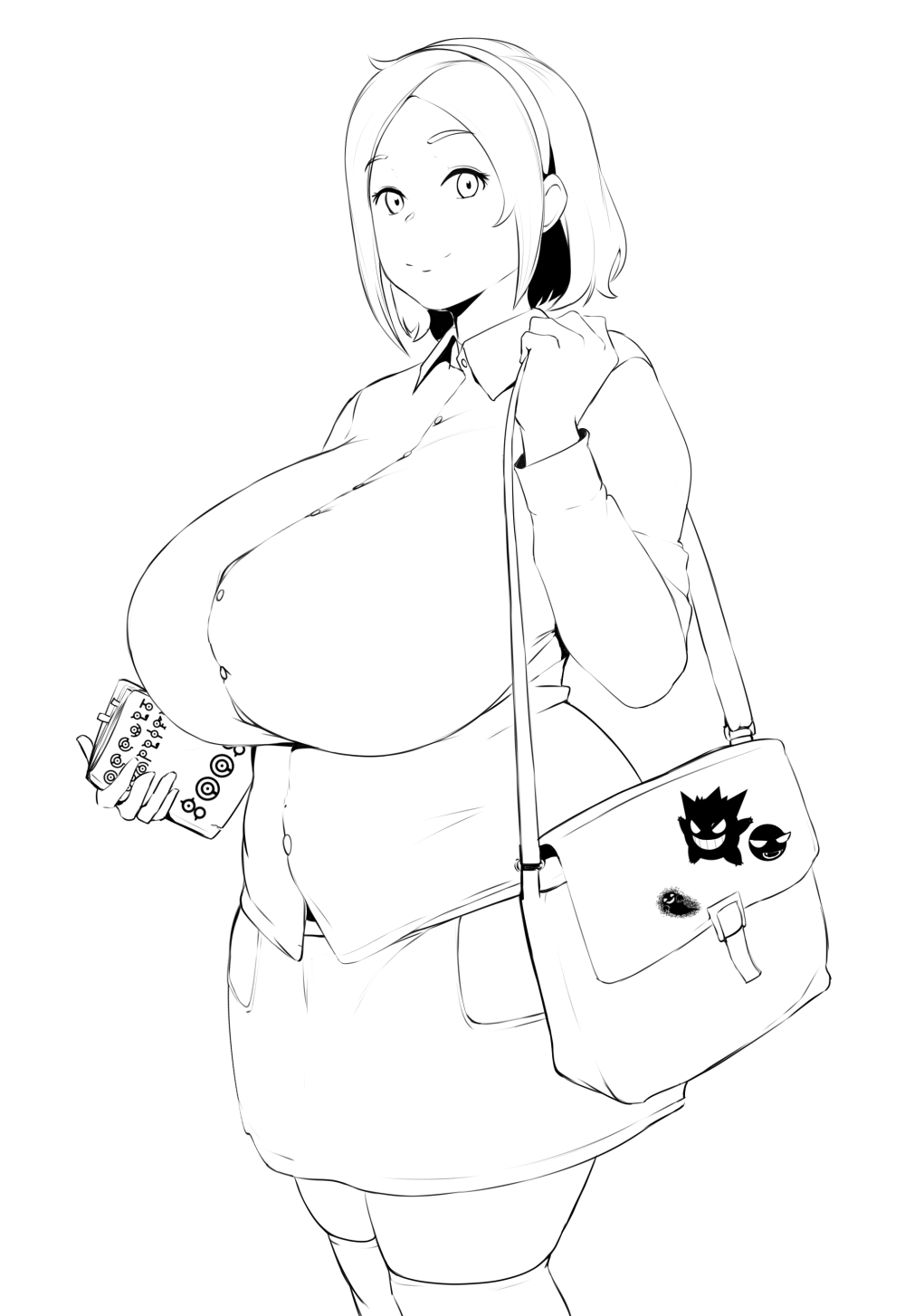 1girl 2024_pokemon_teraleak bag book breasts button_shirt gastly gen_1_pokemon gen_2_pokemon gengar hairband hex_maniac_(prototype)_(pokemon) highres large_breasts lineart nintendo pokemon pokemon_tower_ghost pokemon_xy_(prototype) setawar shirt skirt smile thighhighs unown