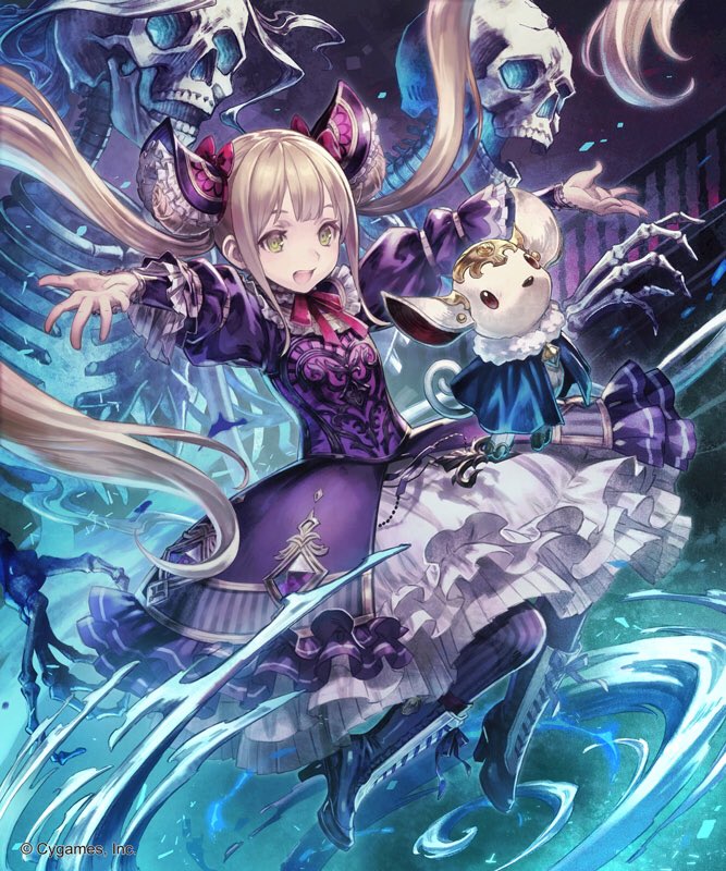 1girl blonde_hair boots dress full_body luna_(shadowverse) mayoko_(sisqo_5003) puppet shadowverse shingeki_no_bahamut skull tagme toy twintails