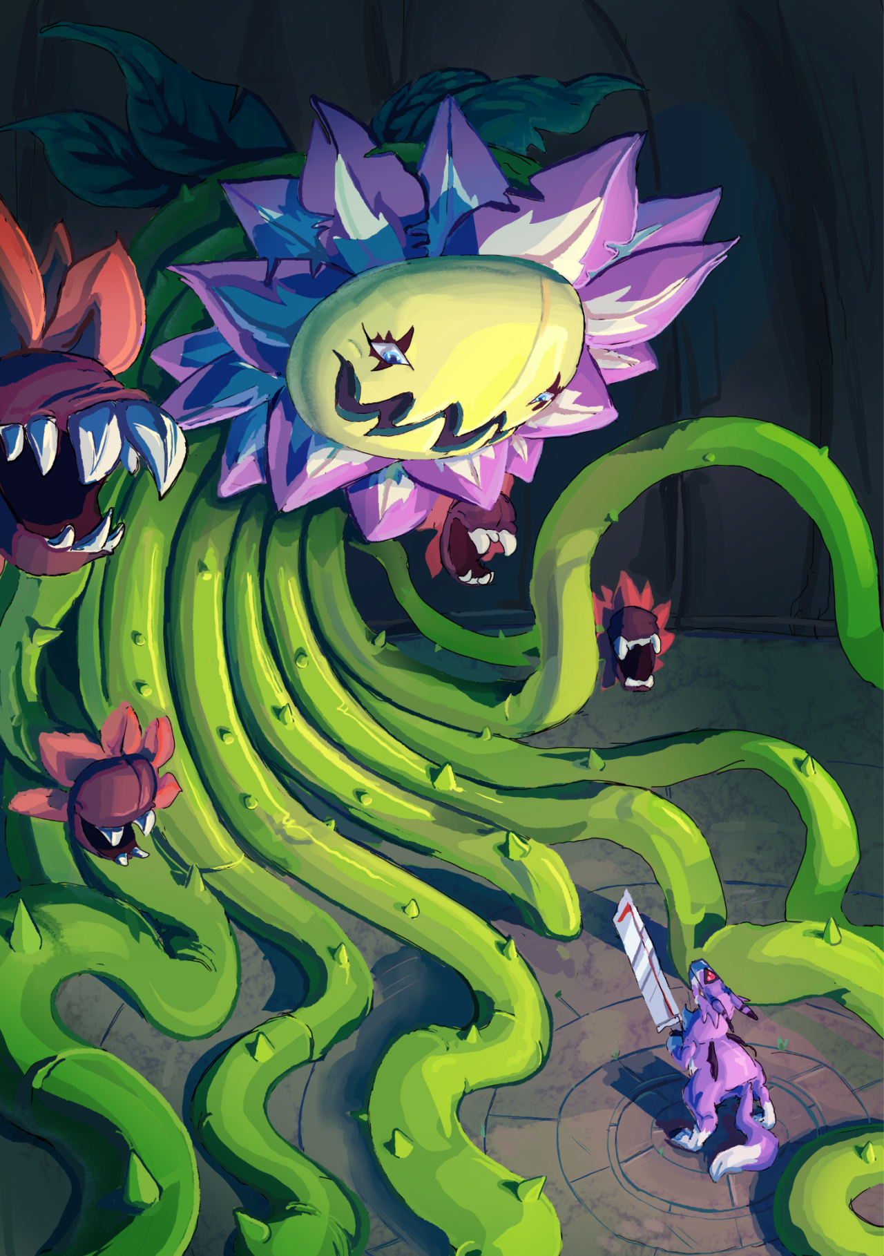 digimon digimon_(creature) digimon_world_x dorumon floramon highres petals sharp_teeth sword teeth thorns weapon