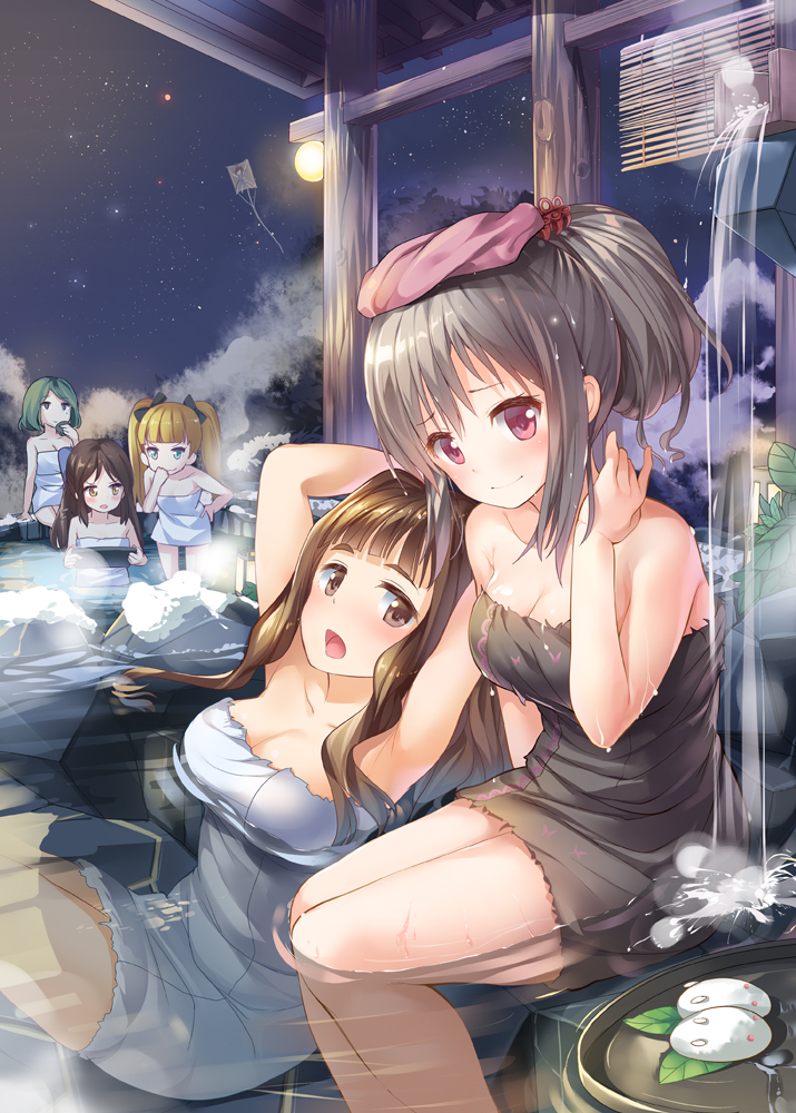 10s 5girls armpits arms_behind_head bathhouse blonde_hair blue_eyes blunt_bangs blush bow breasts brown_eyes brown_hair cleavage green_hair grey_hair hair_bow hand_on_own_hip heterochromia idolmaster idolmaster_cinderella_girls kamiya_nao kanzaki_ranko kite kosaka_donten large_breasts long_hair mary_cochran medium_breasts multiple_girls naked_towel night night_sky onsen open_mouth outdoors parted_bangs partially_submerged pink_eyes ponytail short_hair sitting sky smile standing star_(sky) starry_sky tachibana_arisu takagaki_kaede towel tray twintails water