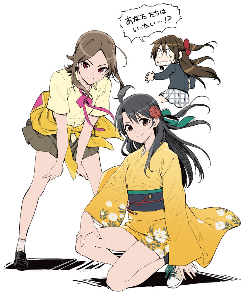 3girls ahoge ayanokoji_himeno black_footwear black_hair black_jacket bow brown_eyes brown_hair checkered_clothes checkered_skirt clothes_around_waist collared_shirt commentary floral_print flower fujimaru_(bluebrand) green_ribbon grey_skirt hair_bow hair_flower hair_ornament hair_ribbon hands_on_own_thighs jacket jacket_around_waist japanese_clothes kimono kneeling leaning_forward loafers long_hair looking_back love_live! love_live!_nijigasaki_high_school_idol_club love_live!_school_idol_festival miniskirt mole mole_under_eye multicolored_jacket multiple_girls neck_ribbon nijigasaki_school_uniform obi open_mouth osaka_shizuku parted_bangs pink_jacket pink_ribbon pleated_skirt red_bow red_eyes red_flower red_rose ribbon rose sash school_uniform shido_misaki_(love_live!) shirt shoes short_hair_with_long_locks short_sleeves sidelocks skirt smile sneakers socks surprised two-tone_jacket v-shaped_eyebrows white_background white_socks yellow_jacket yellow_kimono yellow_shirt