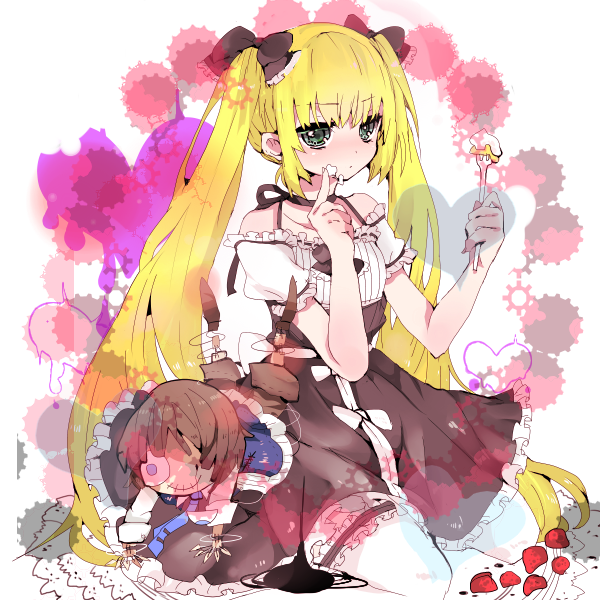 bad_id bad_pixiv_id blonde_hair chuck_(shaman_king) food fork fruit green_eyes ichi_(antonym) long_hair marion_phauna ribbon shaman_king solo strawberry thighhighs twintails very_long_hair
