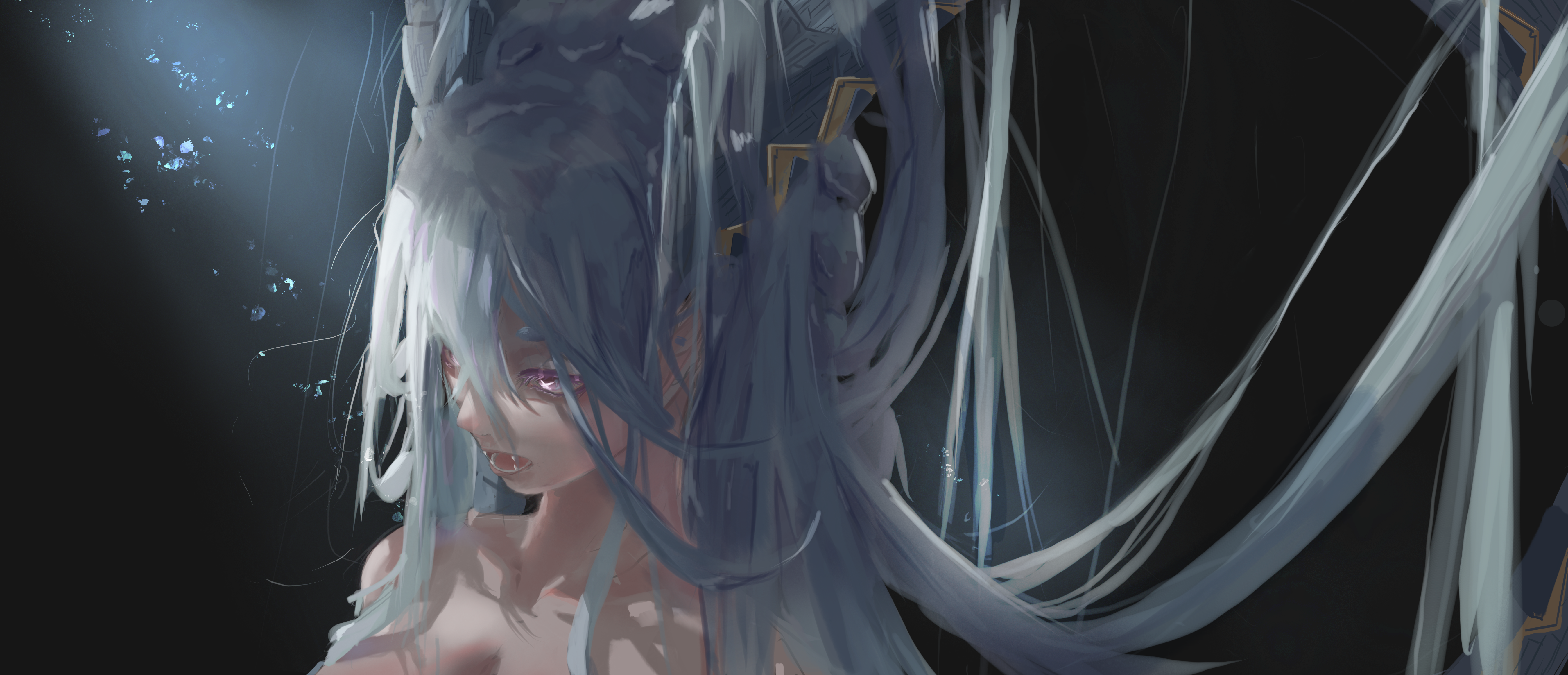 1girl absurdres bare_shoulders blue_hair fate/grand_order fate_(series) hair_between_eyes hair_over_breasts hair_on_horn highres horns jinj0121 long_hair looking_away looking_to_the_side neck purple_eyes solo star_eyes tiamat_(fate)