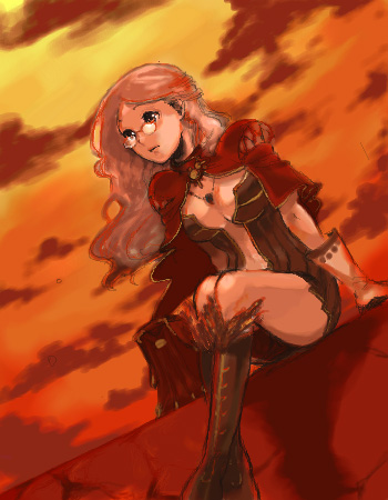 1girl boots breasts brown_boots brown_dress cape cleavage closed_mouth commentary_request creator_(ragnarok_online) dress dutch_angle expressionless full_body fur-trimmed_boots fur_trim glasses gloves long_hair looking_afar lowres medium_breasts orange_sky outdoors pince-nez pink_hair ragnarok_online red_cape short_dress sky solo sunset waya_(takaomi777) white_gloves
