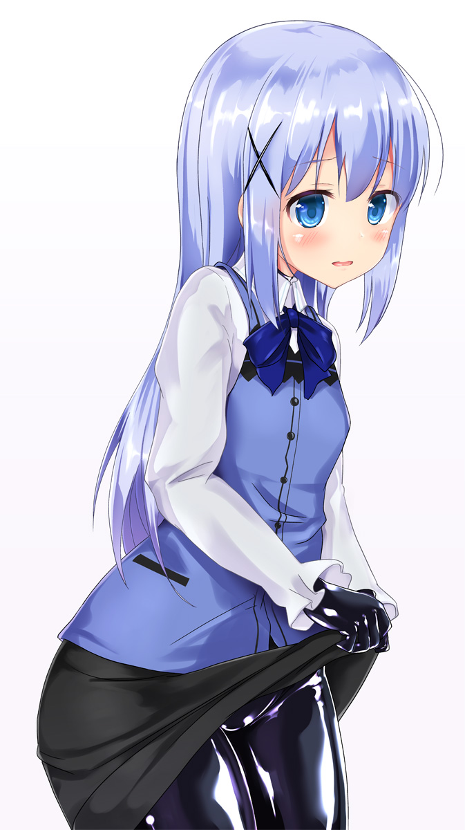 1girl black_bodysuit black_gloves black_skirt blue_bow blue_bowtie blue_eyes blue_hair blue_vest blush bodysuit bodysuit_under_clothes bow bowtie collared_shirt commentary_request cowboy_shot embarrassed gloves gochuumon_wa_usagi_desu_ka? gradient_background grey_background hair_ornament highres kafuu_chino latex lifting_own_clothes long_hair long_sleeves naka_(cheeseyeast) open_mouth photoshop_(medium) rabbit_house_uniform raised_eyebrows shiny_clothes shirt sidelocks skirt solo standing straight_hair tareme very_long_hair vest white_background white_shirt wing_collar x_hair_ornament