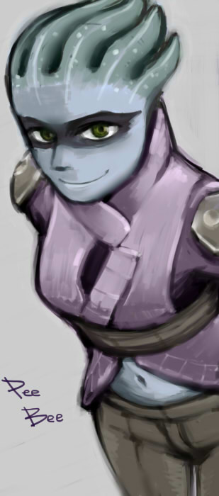 1girl animification asari_(mass_effect) black_eyes black_pants blue_skin breasts character_name colored_skin facepaint grey_background hugo_(coconomi) leaning_forward looking_at_viewer mass_effect:_andromeda mass_effect_(series) mass_effect_1 medium_breasts navel pants pelessaria_b&#039;sayle science_fiction smile solo