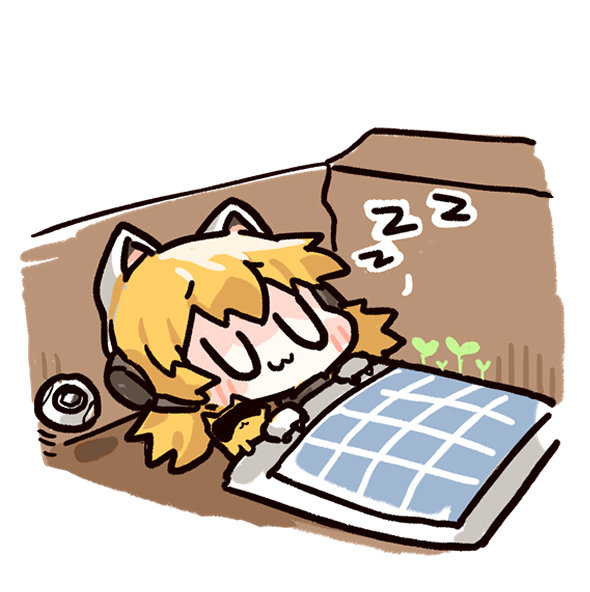 1girl animal_ears betty_(neural_cloud) blanket blonde_hair blue_eyes box cardboard_box cat_ears cat_girl cat_tail chibi chibi_only closed_eyes cui_pi_zha_xia_qiu girls&#039;_frontline girls&#039;_frontline_neural_cloud idw_(girls&#039;_frontline) official_art second-party_source sleeping solo spoken_zzz tail under_covers white_background zzz