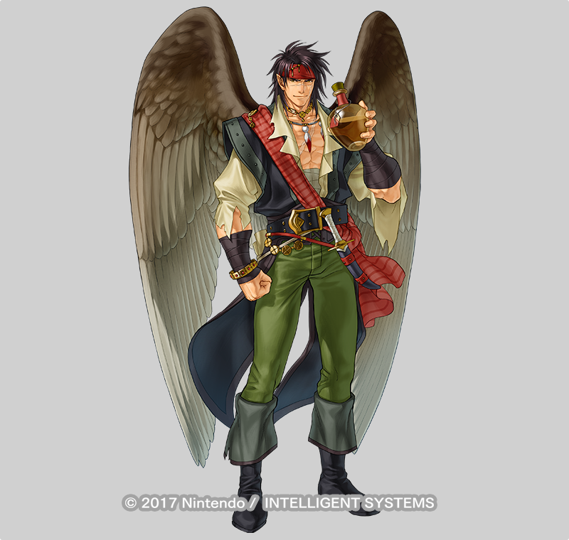 1boy abs alternate_costume bandages belt boots bracelet brown_hair dagger drink feathered_wings feathers fire_emblem fire_emblem:_radiant_dawn fire_emblem_heroes full_body grey_background headband jewelry kita_senri knife laguz_(fire_emblem) male_focus necklace nintendo official_art pointy_ears scar solo tibarn_(fire_emblem) tibarn_(pirate)_(fire_emblem) weapon wings yellow_eyes