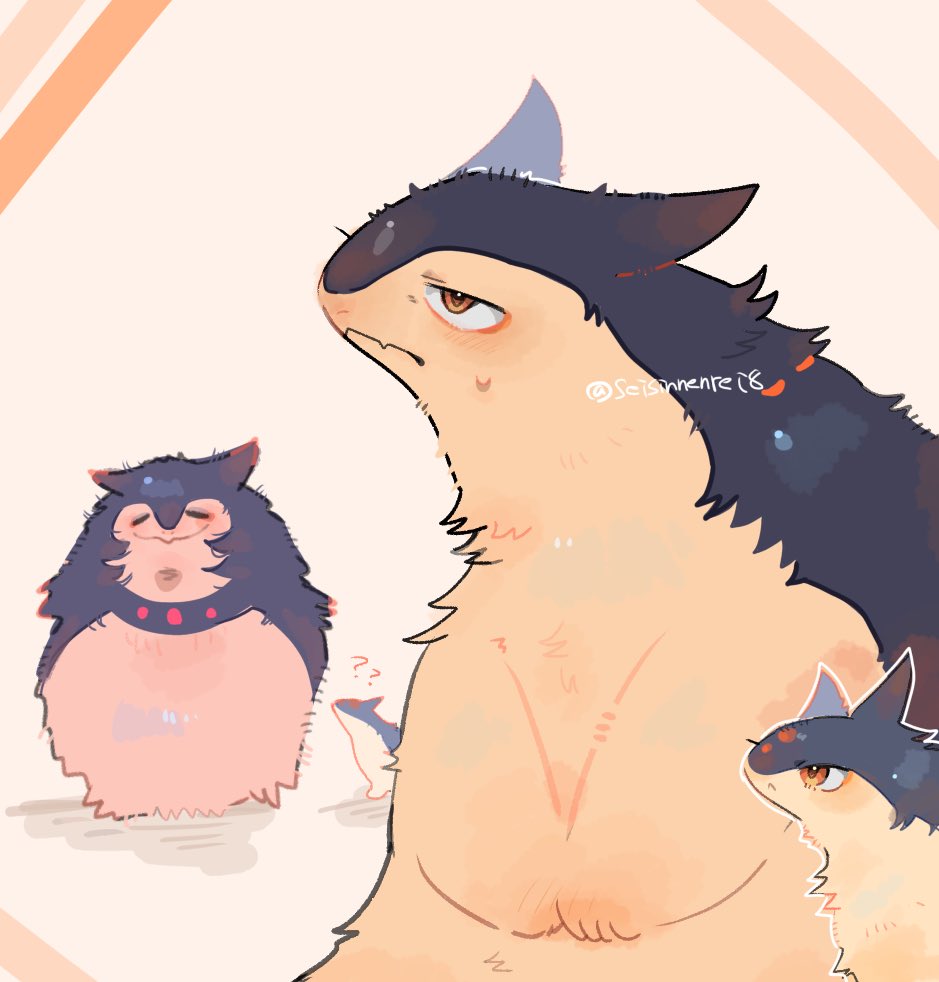 ? animal_focus blush closed_mouth fang fluffy gen_2_pokemon hisuian_typhlosion looking_up nintendo no_humans orange_eyes pokemon pokemon_(creature) quilava seisinnenrei8 smile twitter_username typhlosion