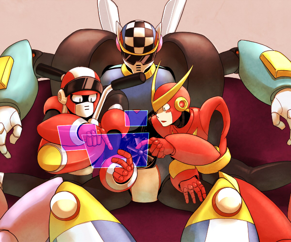 capcom handle_bars helmet male_focus mask nitro_man quick_man robot robot_ears mega_man_(series) mega_man_(classic) mega_man_10 mega_man_2 mega_man_7 sitting sunglasses turbo_man