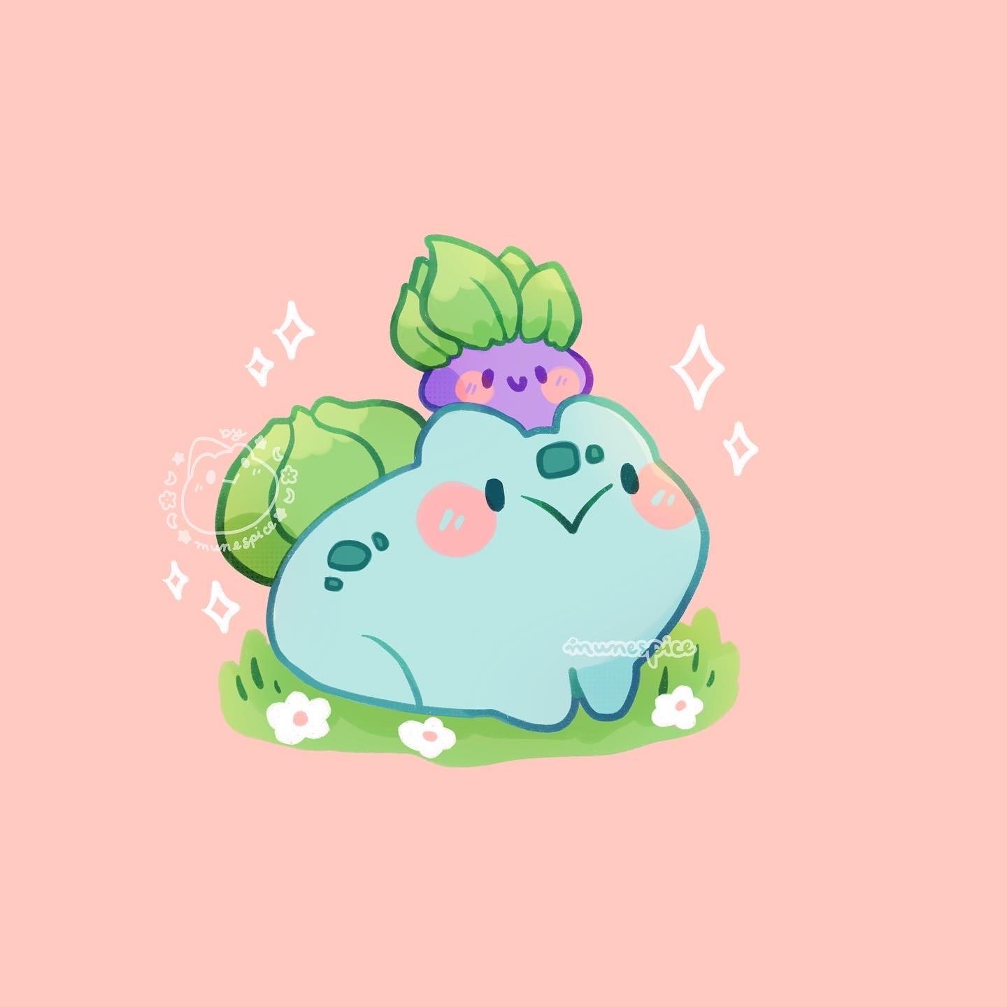 artist_name blush blush_stickers bulbasaur closed_mouth commentary english_commentary flower game_freak gen_1_pokemon grass green_eyes highres looking_up munespice nintendo no_humans oddish on_head pink_background pokemon pokemon_(creature) purple_eyes sitting smile