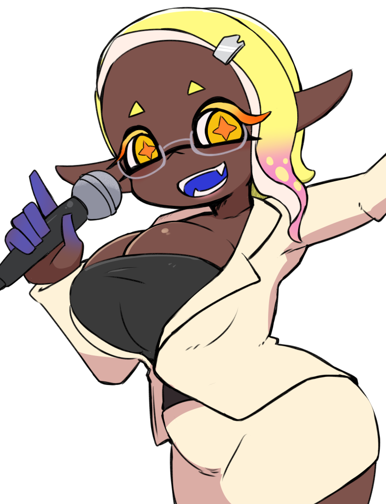 1girl black_shirt blonde_hair breasts cephalopod_eyes cleavage collarbone colored_extremities cross-shaped_pupils dark_skin fangs frye_(splatoon) glasses gradient_hair hair_ornament hairclip holding holding_microphone index_finger_raised inkling jacket large_breasts long_sleeves looking_at_viewer microphone miyazero multicolored_hair reporter nintendo open_mouth pencil_skirt pink_hair pointy_ears shirt short_hair skirt splatoon_(series) splatoon_2 squid_girl standing symbol-shaped_pupils teeth tentacle_hair two-tone_hair white_background white_jacket white_skirt yellow_eyes