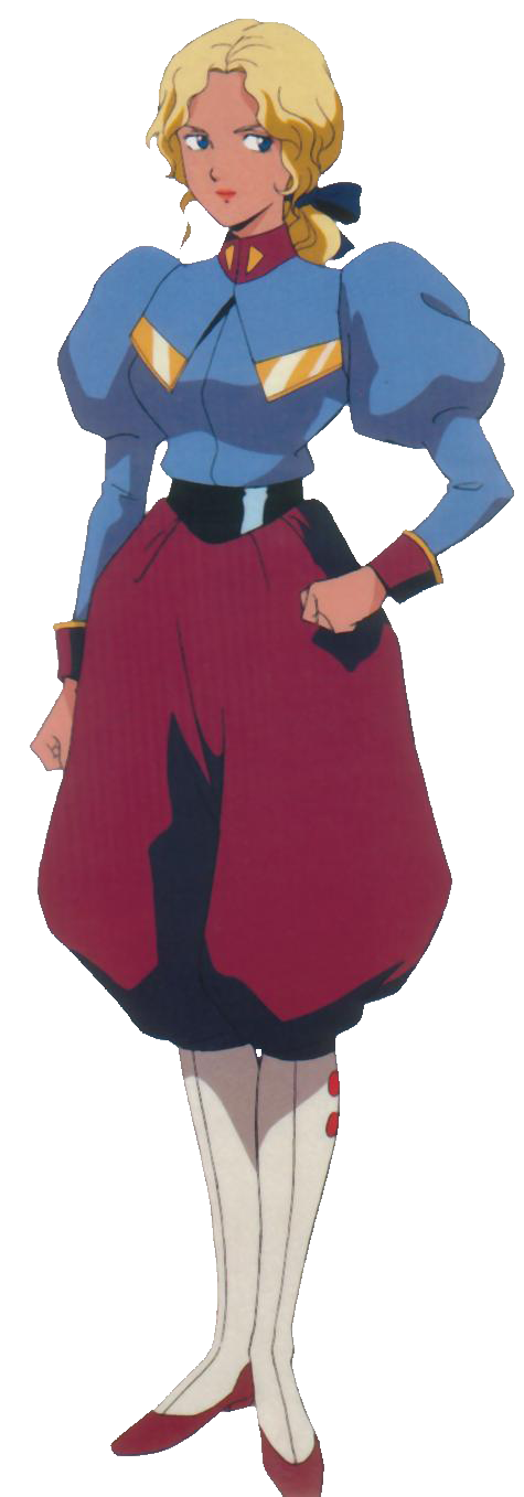 1990s_(style) 1girl baggy_pants blonde_hair cel clipboard electra_(nadia) fushigi_no_umi_no_nadia highres juliet_sleeves long_hair long_sleeves official_art pants puffy_sleeves retro_artstyle smile solo tan