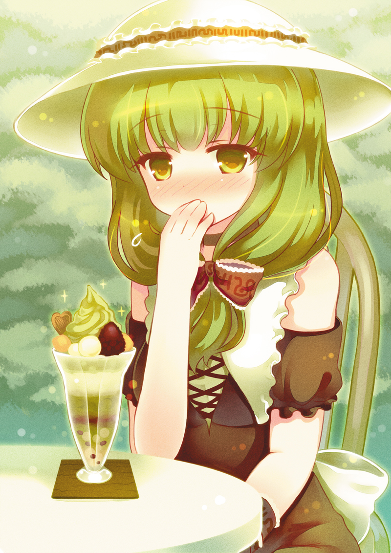 1girl 23 23_(candy_chapus) adapted_costume bare_shoulders blush bow chair covering_own_mouth dress female_focus food front_ponytail green_eyes green_hair hair_bow hair_ribbon hand_over_own_mouth hat ice_cream kagiyama_hina light_particles long_hair looking_at_viewer matching_hair/eyes off_shoulder parfait pov pov_across_table puffy_short_sleeves puffy_sleeves red_dress ribbon short_sleeves sitting solo sun_hat table touhou