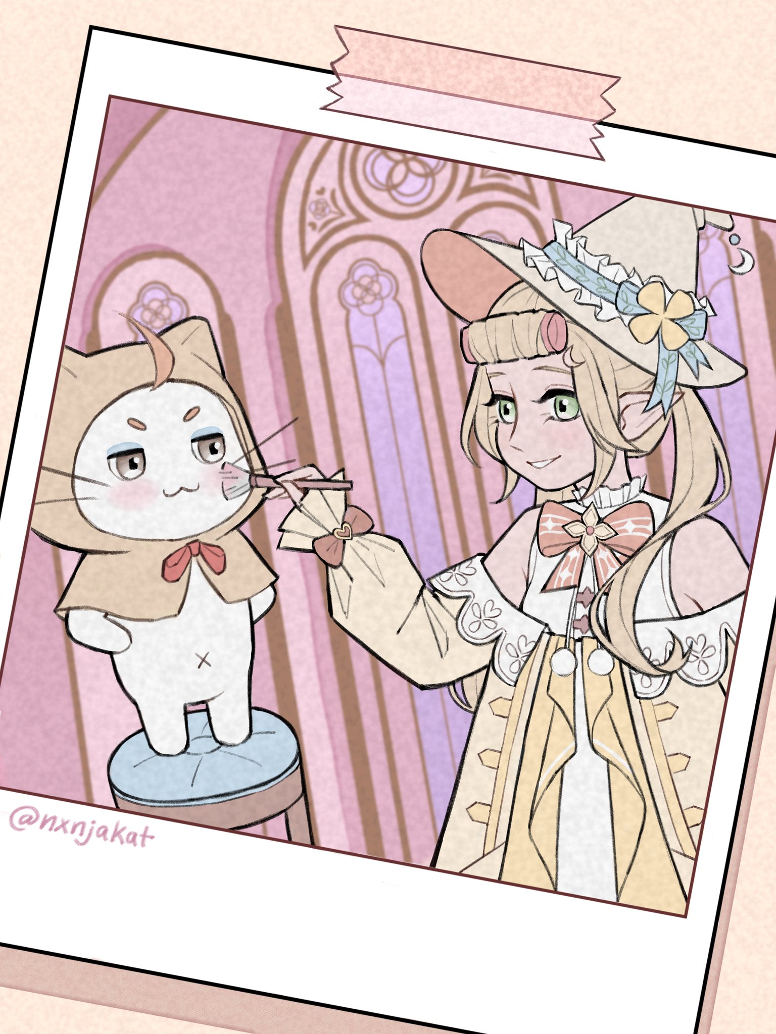1girl :3 ahoge animal applying_another's_makeup bare_shoulders blonde_hair bow bowtie brooch brown_eyes buttons cat cloak clothed_animal collared_dress commentary cowboy_shot crescent crescent_hat_ornament dress ear_covers english_commentary eyelashes flower_button forehead frilled_dress frilled_sleeves frills green_eyes hair_half_over_shoulder hair_rollers hands_on_own_hips hat hat_ornament heart highres holding holding_brush holding_makeup_brush hood hood_up hooded_cloak indoors infinity_nikki jacket jewelry long_hair long_sleeves looking_at_another makeup_brush momo_(nikki) navel nikki_(series) nxnjakat off-shoulder_jacket off_shoulder on_stool open_mouth orange_bow orange_bowtie photo_(object) pom_pom_(clothes) puffy_long_sleeves puffy_sleeves red_bow red_bowtie sleeve_bow sleeveless sleeveless_dress smile stained_glass standing striped_bow striped_bowtie striped_clothes tape timis_(infinity_nikki) twintails twitter_username whiskers white_cat white_dress witch_hat yellow_cloak yellow_hat yellow_jacket
