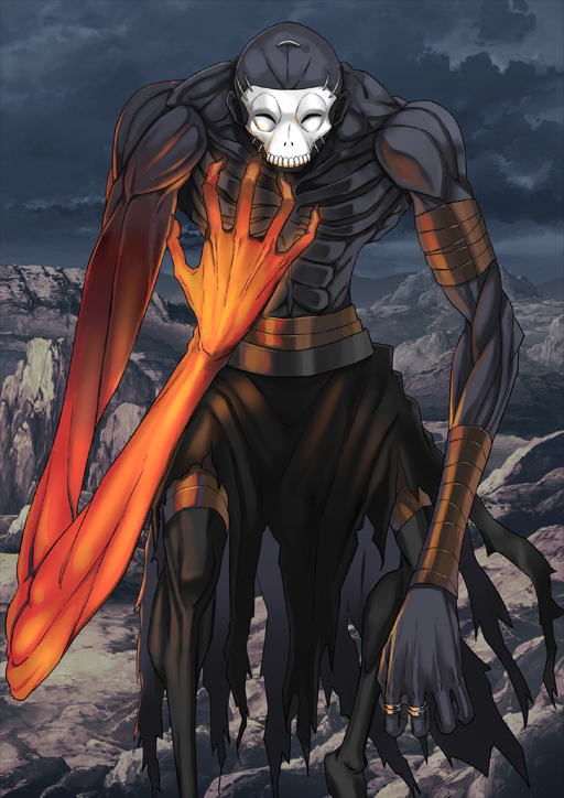 1boy abs bald belt black_skirt black_thighhighs brown_belt covered_face fate/grand_order fate_(series) feet_out_of_frame glowing_arm hassan_of_the_cursed_arm_(fate) jewelry legs_apart long_arms male_focus mask multiple_rings official_art outdoors overcast revision ring skirt skull_mask sky solo standing task_owner thighhighs third-party_source topless_male torn_clothes torn_skirt variant_set white_mask