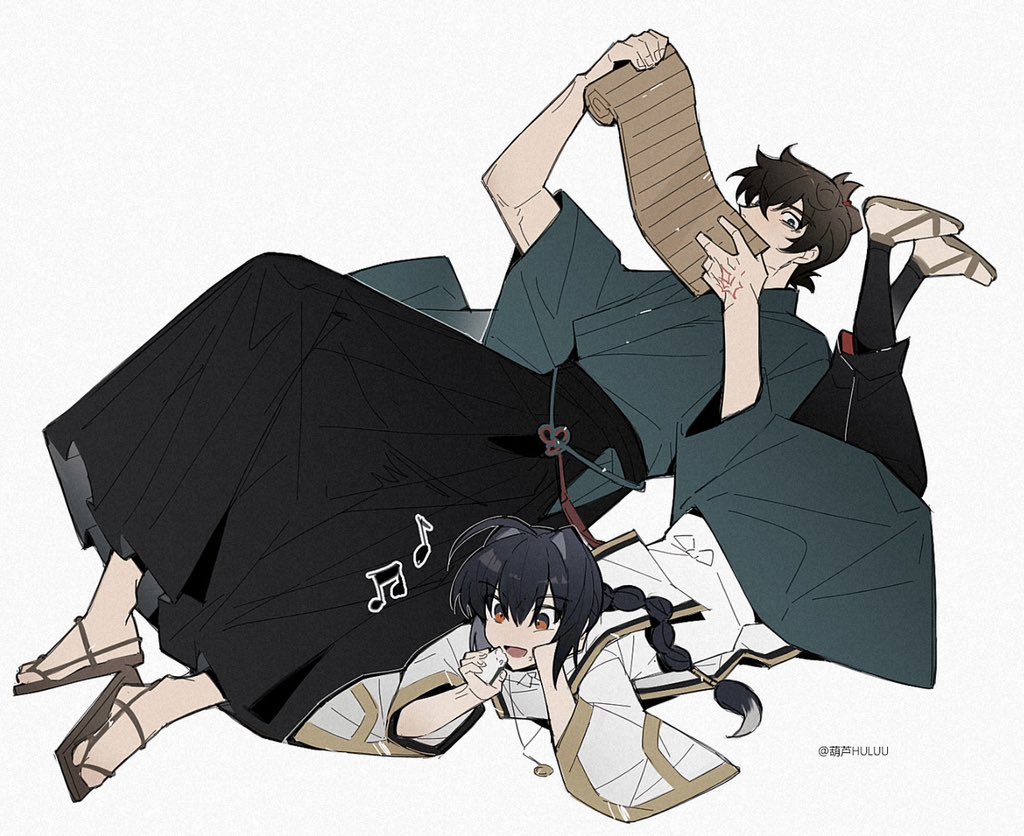 1boy 1other ahoge androgynous arm_rest bamboo_slips berldo black_hakama blue_kimono braid command_spell eating fate/samurai_remnant fate_(series) food full_body hair_intakes hakama head_rest holding holding_scroll japanese_clothes jewelry kimono long_braid long_sleeves lying miyamoto_iori_(fate) musical_note necklace on_back on_stomach onigiri sandals scroll simple_background single_braid topknot waraji white_background wide_sleeves
