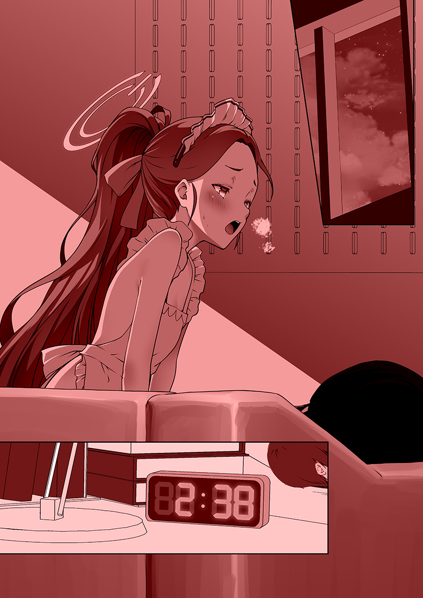 1boy 1girl apron blue_archive blush clock digital_clock flat_chest frilled_apron frills highres implied_masturbation indoors kouji_(campus_life) long_hair maid maid_headdress monochrome naked_apron official_alternate_costume open_mouth ponytail seven-segment_display yuzu_(blue_archive) yuzu_(maid)_(blue_archive)