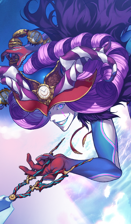 1boy analog_clock blue_eyes blue_gloves blue_lips cape clock clothing_cutout cloud cloudy_sky colored_skin commentary curled_horns curly_hair day demon_boy fate/grand_order fate_(series) fur-trimmed_cape fur_trim gloves gradient_gloves hat holding holding_scissors horns long_hair looking_at_viewer male_focus mephistopheles_(fate) multicolored_eyes multicolored_horns official_art purple_cape purple_eyes purple_hair red_gloves ringed_eyes scissors shears simosi sky smile solo teeth third-party_source tick_tock_bomb two-tone_eyes two-tone_horns white_skin