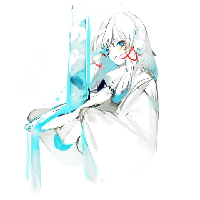 1girl blue_eyes hair_ribbon hat holding holding_unworn_clothes holding_unworn_hat limited_palette moriya_suwako ribbon skirt skirt_set solo touhou unworn_hat unworn_headwear upper_body vest water waterfall white_background wide_sleeves zhixie_jiaobu