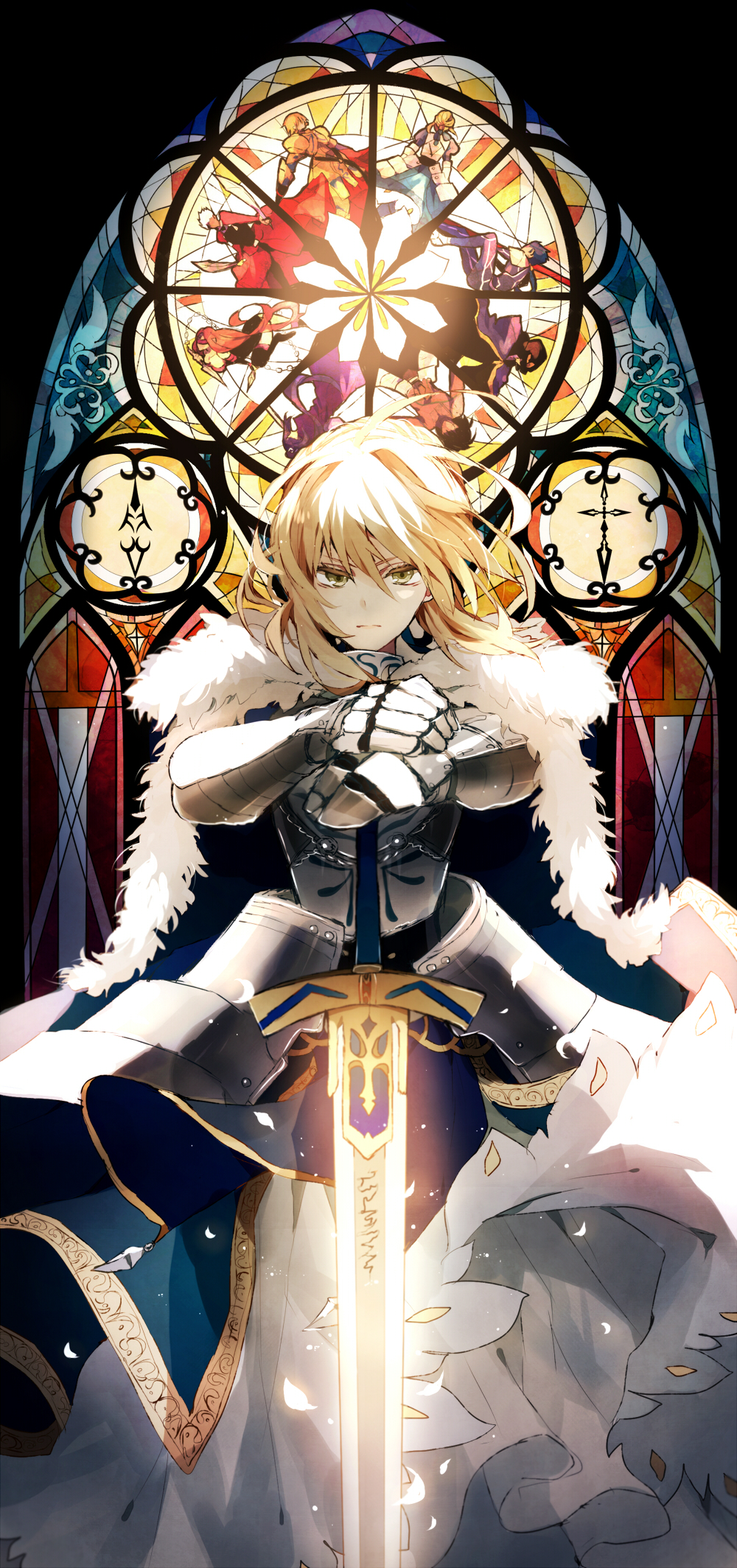 1girl archer_(fate) armor armored_dress artoria_pendragon_(fate) blonde_hair cape cu_chulainn_(fate) cu_chulainn_(fate/stay_night) dress excalibur_(fate/stay_night) fate/stay_night fate_(series) female_focus fur_trim gilgamesh_(fate) gloves green_eyes hair_between_eyes heracles_(fate) highres holding holding_sword holding_weapon medea_(caster)_(fate) medea_(fate) medusa_(fate) medusa_(rider)_(fate) saber_(fate) sagatsu_(miicat) sasaki_kojirou_(fate) satsuki_(miicat) solo standing sword weapon