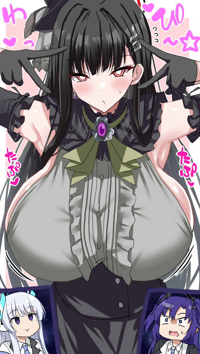 3girls alternate_costume armpits ascot black_gloves black_hair blue_archive blue_necktie blush breasts bright_pupils commentary detached_sleeves double_inward_v dress empty_eyes gloves green_ascot hair_ornament hairclip half_gloves halo hat headgear highres idol idol_clothes jacket large_breasts long_hair long_sleeves looking_at_viewer mini_hat mini_top_hat multiple_girls necktie noa_(blue_archive) purple_eyes purple_hair red_eyes rio_(blue_archive) sakurapochi shirt sideboob top_hat two_side_up v v_over_eye very_long_hair white_hair white_jacket white_pupils white_shirt yuuka_(blue_archive)